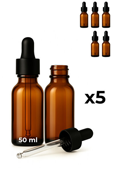 Seray Cam 5’li 50 ml Amber Cam Serum Şişesi + Siyah Metal Kapaklı Siyah Uçlu Damlalık