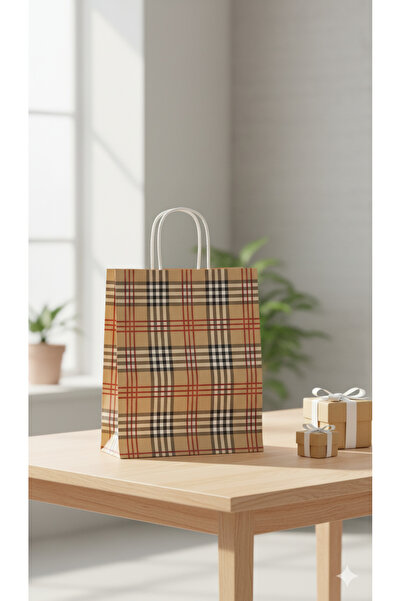 Ta-Fu Global 31x12x41 RENKLİ DESENLİ KARTON ÇANTA 25’Lİ BEJ İSKOÇ DESEN