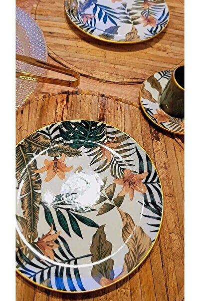 EVCACIYE 6 kişilik desenli ve gold detaylı servis,tatlı tabağı