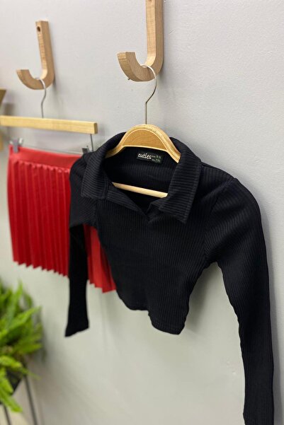 Cuties Girl's Polo Neck Ribbed Knit Long Sleeve Bodysuit 3556 Black