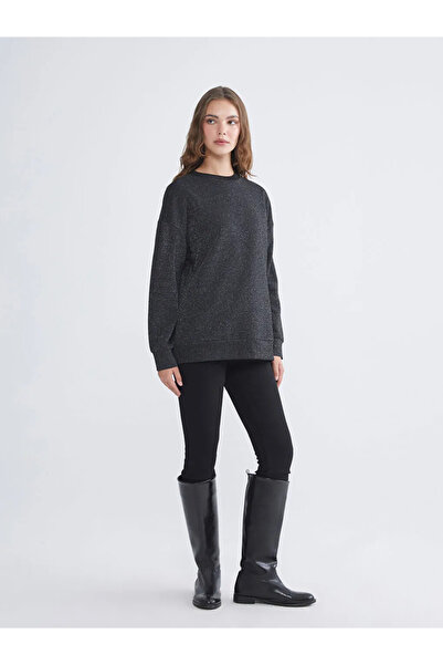 LC Waikiki LCW Modest Siyah Bisiklet Yaka Oversize Kadın Sweatshirt Tunik