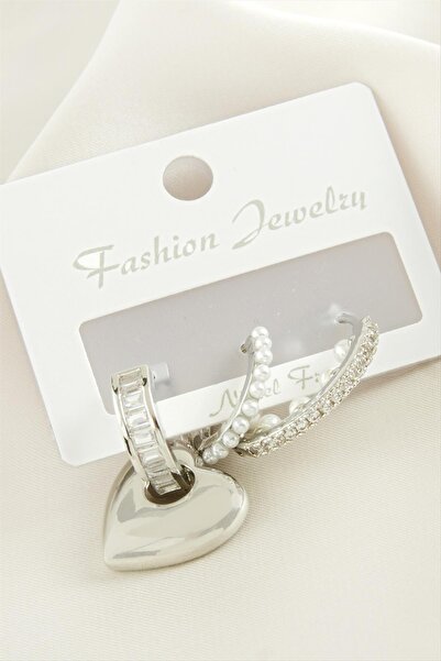 ZERO LAND Nrzsnt 3 Pcs Heart Pearl Zircon Stone (02108) Earrings-Silver Color