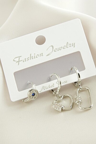 ZERO LAND Nrzsnt 3 Pcs Heart Zircon Stone (00857) Earrings-Silver Color