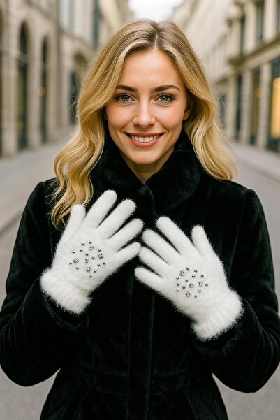 MARBERRY Beyaz Yünlü Peluş Taş İşlemeli Kadın Eldiven