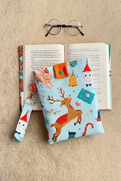 Outlet Çarşım غطاء كتاب أزرق منقوش على شكل غزال مع حزام يد هدية لمحبي الكتب