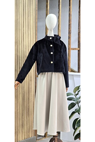 NANTİREA Plush Buttoned Jacket with Bow Detail at the Collar