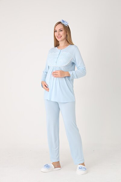 BLACKMORE Women's Blue Patterned Shawl Collar Cotton Long Sleeve Winter Maternity Pajama Set with Dressing Gown