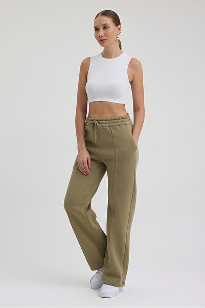 Mezka Γυναικείο χειμερινό φλις με ραβδώσεις με ραφές στο κάτω μέρος της πόδι, φαρδύ πόδι, χακί