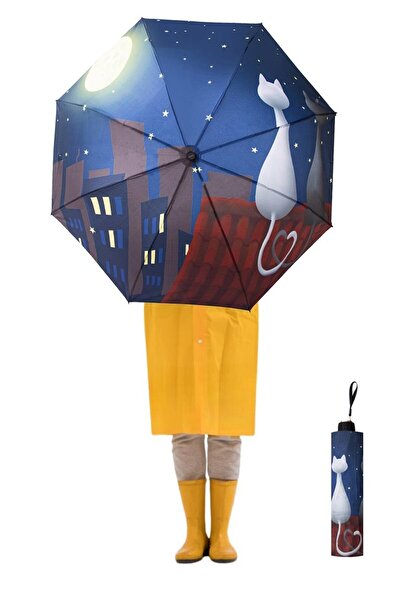 Herşey Nota Ay ve Kediler Desenli Yarasa Model 8 Telli Manuel Kadın Şemsiye |...