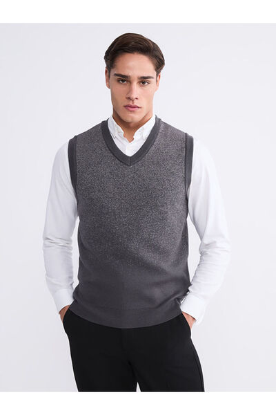 LC Waikiki Gray Standard Fit V-Neck Men's Knitwear Sweater