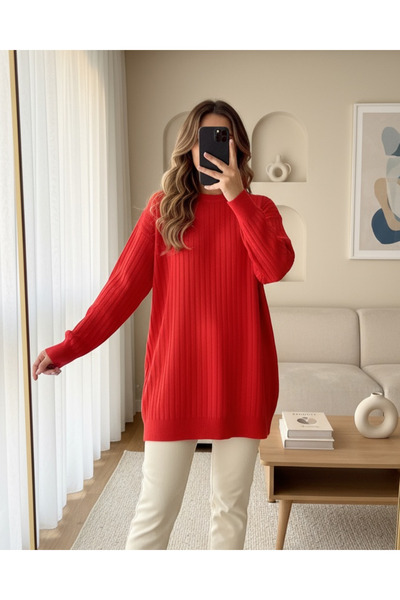 MissRunin Yuvarlak Yaka İnce Çizgili Triko Tunik