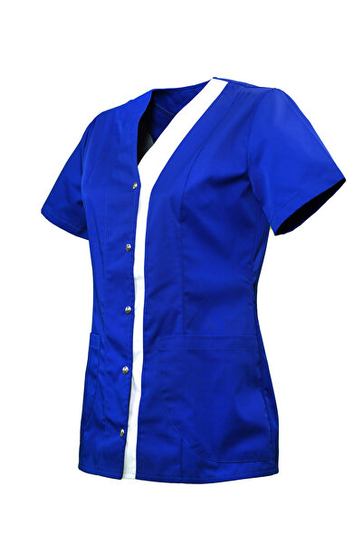 AVD SAFETY Women's terrycloth medical blouse | Royal blue with white insert | Fitted model, snap closure