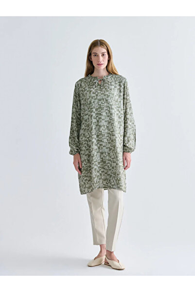 LC Waikiki Lcw Grace Khaki Ruffled Tie Neck Patterned Women's Tunic