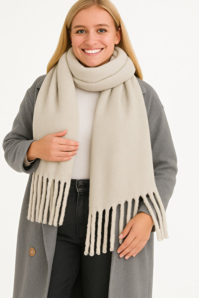 ZERAMİNE Women's Winter Tassel Scarf |   Soft Textured Thick Shawl - Soft Boucle Scarf - Pasta Model