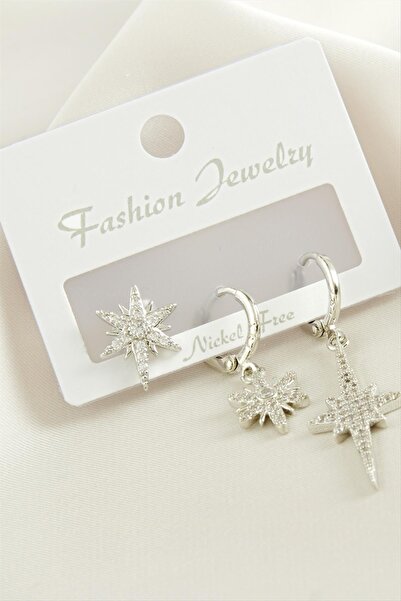 ZERO LAND Nrzsnt 3 Pieces Star Zircon Stone (00839) Earrings-Silver Color
