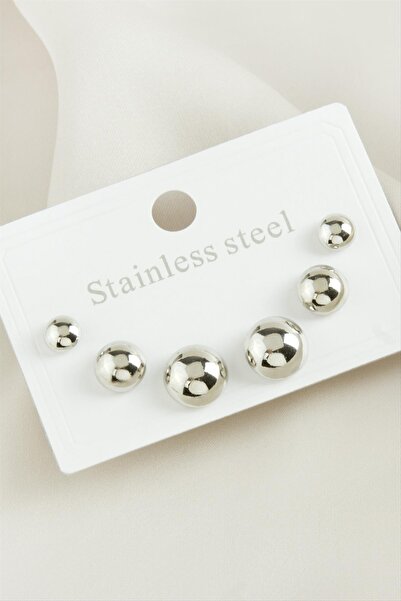 ZERO LAND Nrzsnt 6 Pcs Round Steel (01022) Earrings-Silver Color