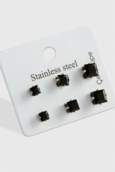 ZERO LAND Nrzsnt 6 Pieces Square Zircon Single Stone (02608) Steel Earrings-Black