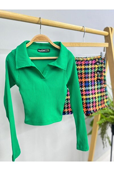 Cuties Girl's Collar Ribbed Knit Long Sleeve Bodysuit 3556 Green