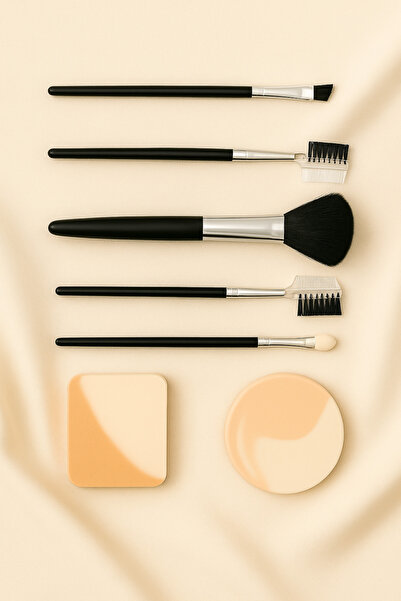 Alpin 8 Parça Makyaj Fırça ve Sünger Seti – Profesyonel Aplikatör Takımı (Siyah)