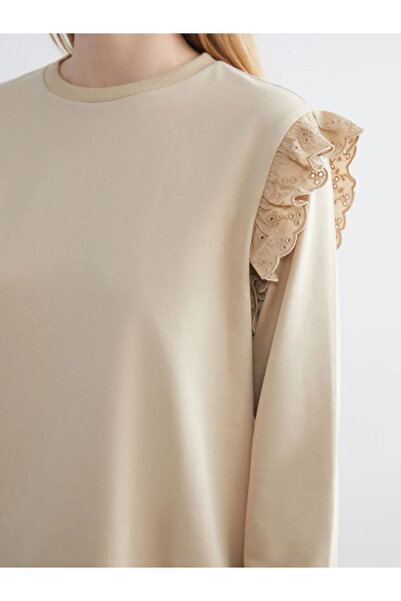 LC Waikiki Lcw eco beige crew neck ruffle women's sweatshirt tunic