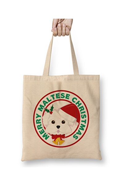 Toyaso Merry Christmas Maltese Dog Puppy White Tote Bag Long Handle Shopping Bag Beach Bag