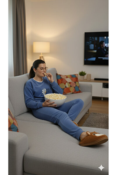 Defkay Mavi kışlık polar kumaş kadın uzun kollu pijama takımı