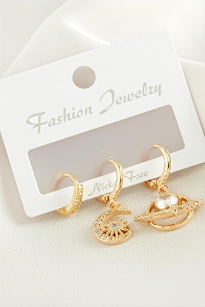 ZERO LAND Nrzsnt 3 Pieces Crescent Star Zircon Stone (00842) Earrings-Silver Color