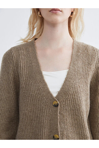 LC Waikiki Lcw Comfort Brown V-Neck Balloon Sleeve Women's Knitwear Cardigan