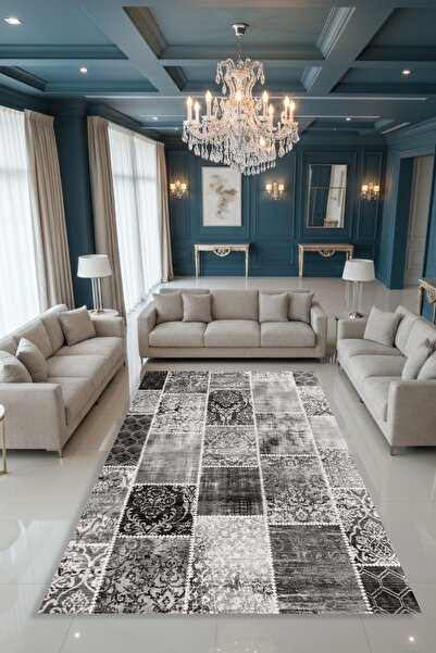 Kessy Home Studio Asel Siyah Gri Patchwork Desenli Yıkanabilir Halı Kaymaz Ta...