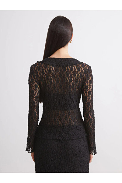 LC Waikiki Soulife Black Lace-Up Collar Lace-Like Knit Lace Women's Cardigan