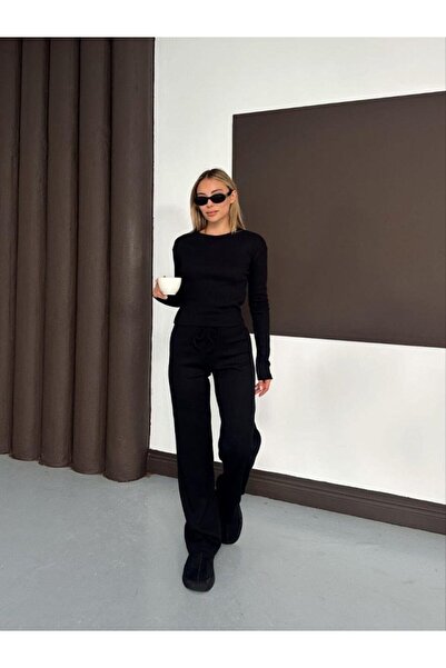 ALPACO Set de două piese pentru femei, cu bluză și pantaloni cu mâneci lungi, cu guler rotund de degete