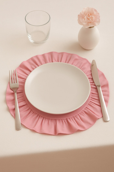 h homerest 6 Kişilik Keten Pembe Yuvarlak Supla, 6 Adet Keten Fırfırlı Amerikan Servis