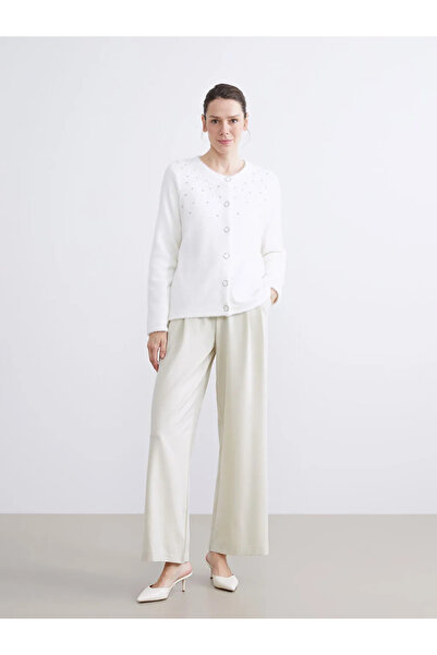 LC Waikiki Lcwaikiki classic ecru crew neck embellished women's knit cardigan