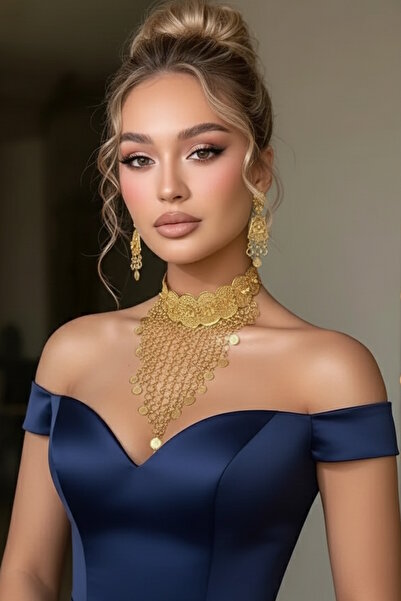 CAŞ DEKORASYON Colier și cercei de culoare aurie, set de mireasă pentru nuntă, henna, logodnă