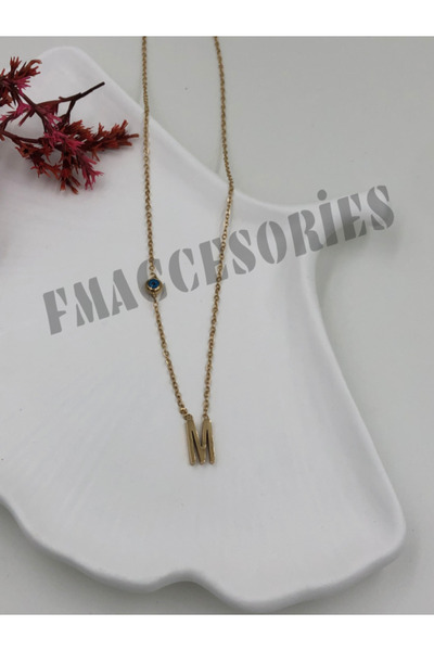 fmaccesories M Harf Çelik Kolye 316L Kararmaz 14 K Gold Renk Nazar Boncuklu Z...