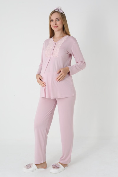 BLACKMORE Women's Powder Shawl Collar Jacquard Long Sleeve Winter Maternity Pajama Set with Dressing Gown