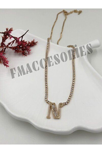 fmaccesories N Harfli Çelik Kolye 14 K Gold Renk Su Yolu Taşlı Zincirli 45 Cm...