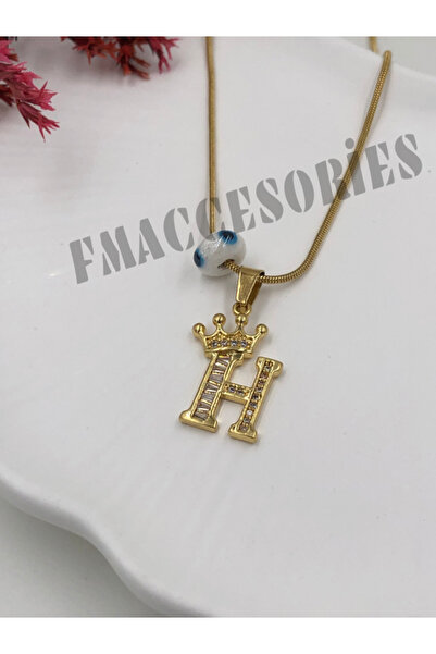 fmaccesories H Harfli Çelik Kolye 14K Gold Renk Kral-Kraliçe Taçlı 45Cm Antia...