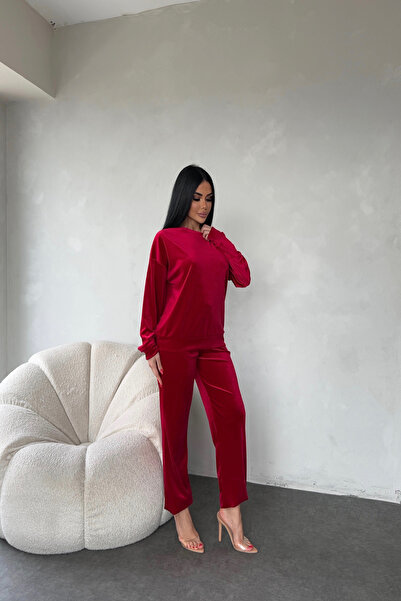 LİLA İSTANBUL Crew Neck Double Velvet Suit Red Color
