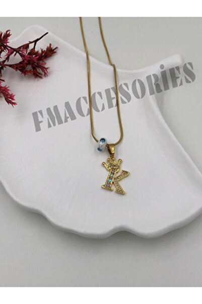 fmaccesories K Harfli Çelik Kolye 14K Gold Renk Kral-Kraliçe Taçlı 45Cm Antia...