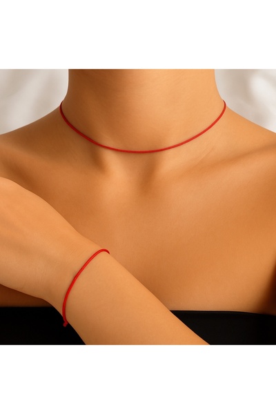 Femenino Adjustable Red String Necklace Choker and Bracelet Set