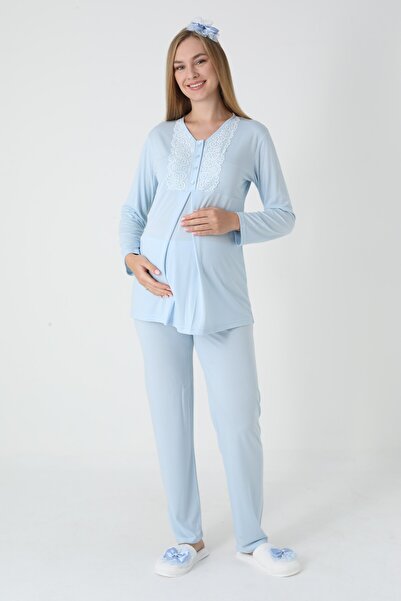 BLACKMORE Kadın Mavi Şal Yaka Jakarlı Uzun Kol Kışlık Lohusa Hamile Sabahlıklı Pijama Takım Set