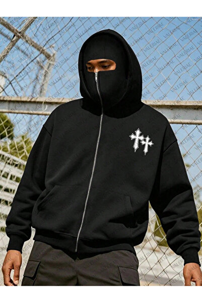 valeriae Φούτερ Unisex New Current Masked Double Layer Balaklava με κουκούλα oversized Cross με τύπωμα