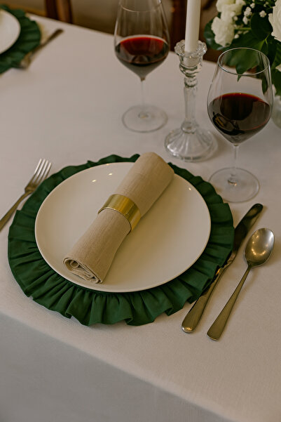 h homerest 6 Kişilik Fırfırlı Keten Zümrüt Yeşili Yuvarlak Amerikan Servis, 6 Adet Keten Zümrüt Yeşili Supla