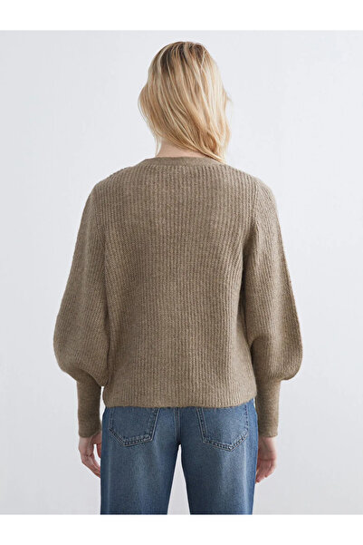 LC Waikiki Lcw Comfort Brown V-Neck Balloon Sleeve Women's Knitwear Cardigan