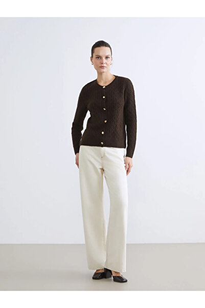 LC Waikiki Γυναικεία πλεκτή ζακέτα LCWAIKIKI Classic Brown με λαιμόκοψη με αυτοσχεδιασμό