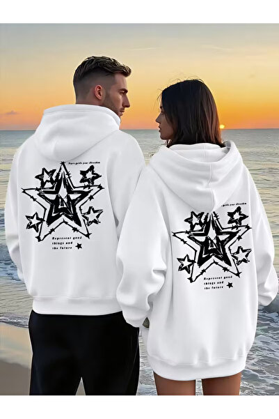NEVERMIND Star Patterned Printed Hoodie – Trend Lover Combination Oversized 3 Thread Sweatshirt Set of 2