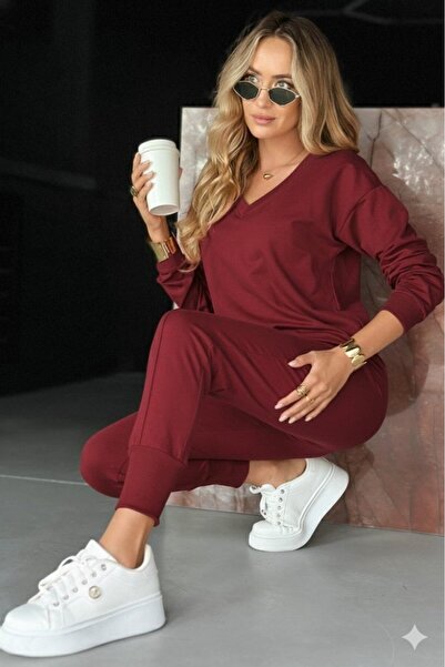 ALPACO Set din două piese pentru femei, cu mâneci lungi, cu decolteu în V, din viscoză, cu două fire, bluză și pantaloni