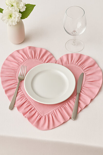 h homerest 2 Kişilik Pembe Keten Kalp Model Amerikan Servis, 2 Adet Pembe Ket...
