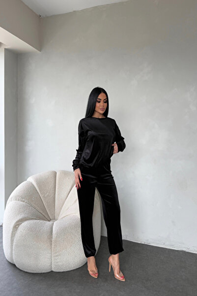 LİLA İSTANBUL Crew Neck Double Velvet Suit Black Color